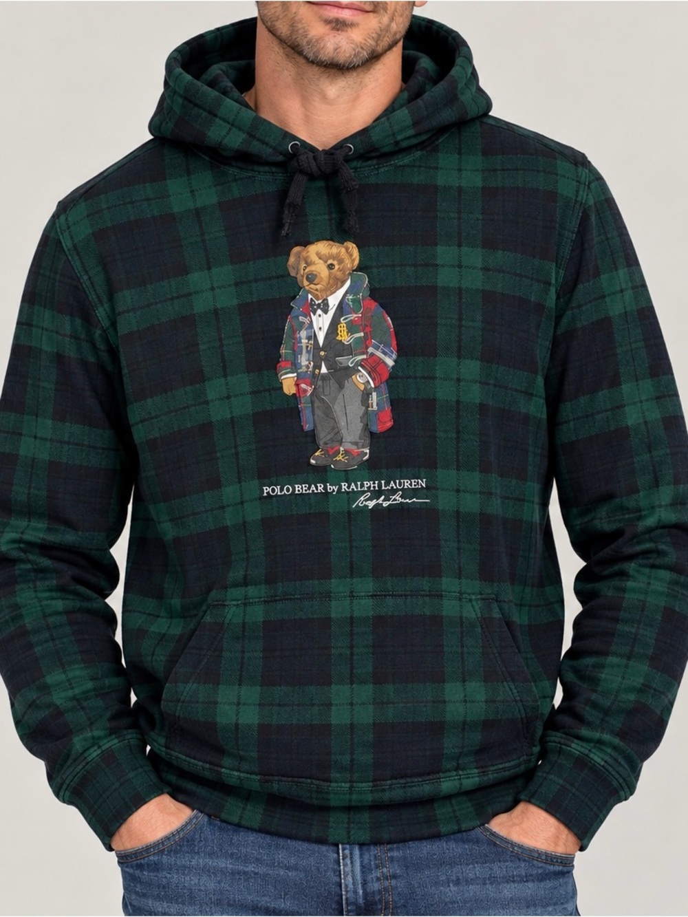 Polo Ralph Lauren Black Watch Plaid Polo Bear Hoodie Size Small